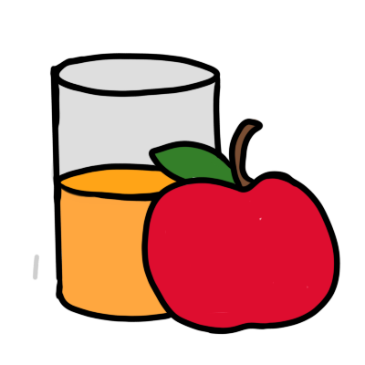 a glass half full of a yellowy orange liquid, with a red apple next to it.